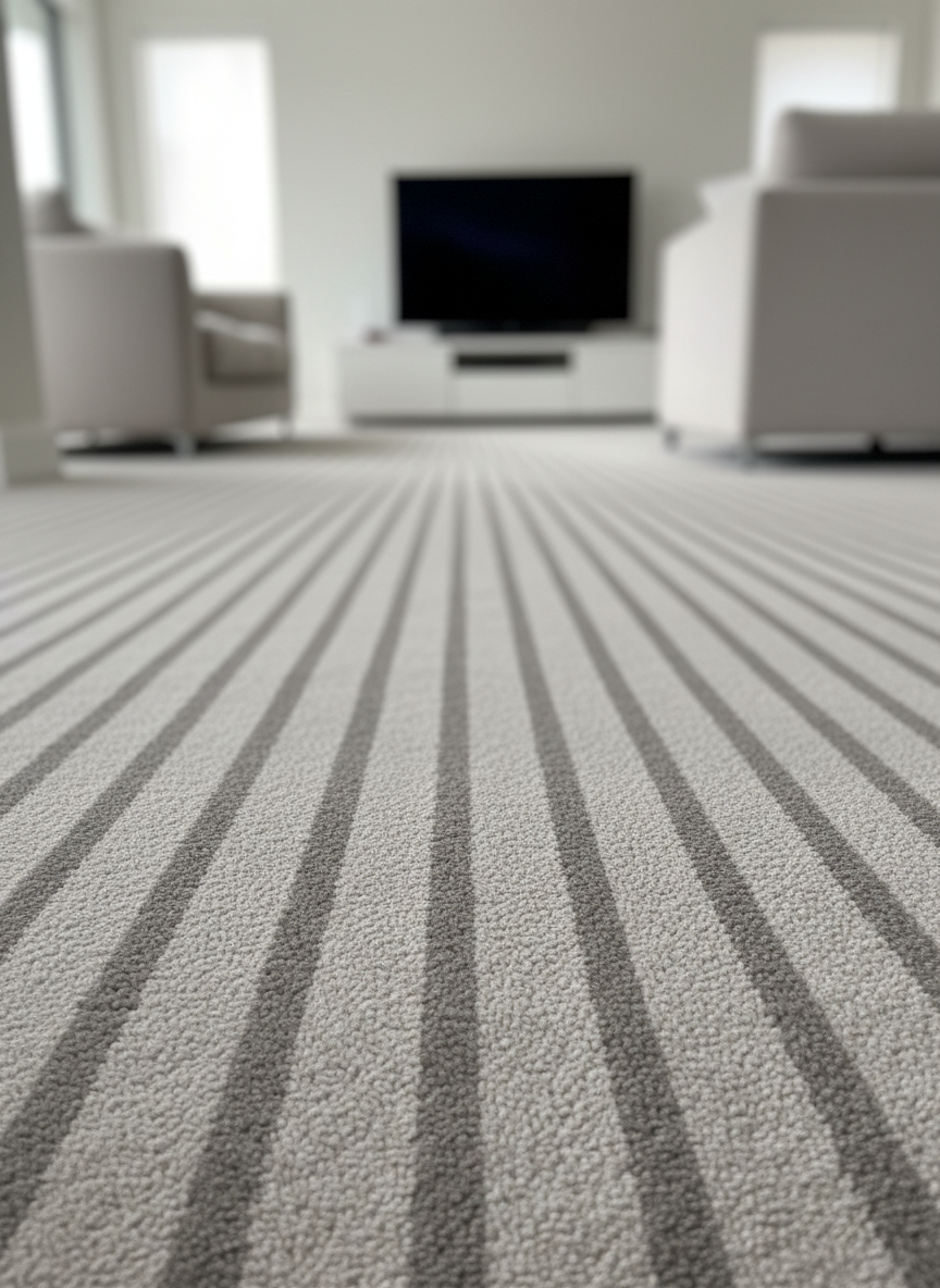 A freshly vacuumed light-grey carpet in a modern living room, with precise parallel vacuum lines running the full length of the floor, each stripe perfectly straight and evenly spaced. A low, white TV unit and a neatly arranged sofa sit softly out of focus at the edges, emphasizing the immaculate flooring. Late-morning diffused daylight enters from a large window, creating soft, even illumination and barely-there shadows that highlight the carpet texture. Photographic realism, shot from a low, slightly angled perspective along the lines, using a shallow depth of field to draw the eye forward. The atmosphere is calm, orderly, and reassuringly pristine, communicating professional domestic cleaning quality.
