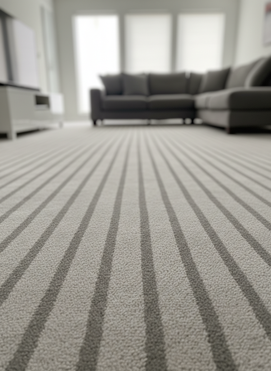 A freshly vacuumed light-grey carpet in a modern living room, with precise parallel vacuum lines running the full length of the floor, each stripe perfectly straight and evenly spaced. A low, white TV unit and a neatly arranged sofa sit softly out of focus at the edges, emphasizing the immaculate flooring. Late-morning diffused daylight enters from a large window, creating soft, even illumination and barely-there shadows that highlight the carpet texture. Photographic realism, shot from a low, slightly angled perspective along the lines, using a shallow depth of field to draw the eye forward. The atmosphere is calm, orderly, and reassuringly pristine, communicating professional domestic cleaning quality.