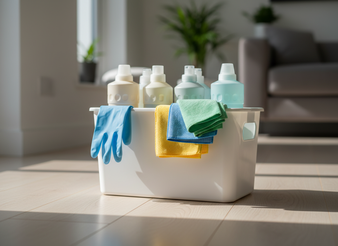 An organized cleaning caddy placed on a spotless wooden floor, filled with neatly arranged professional-grade cleaning products in unlabeled neutral-coloured bottles, bright microfiber cloths folded with sharp edges, and a pair of pristine rubber gloves draped carefully over the side. The caddy itself is a clean white plastic container with sturdy handles, showing no signs of wear. Photographic realism, captured from a slightly elevated viewpoint, with the background subtly blurred to suggest a tidy Nottingham home interior. Soft, bright natural light from a side window creates clear, crisp shadows and emphasizes the textures of the cloths and plastic. The atmosphere is efficient, trustworthy, and ready-for-action, ideal for illustrating the tools of a professional cleaning service.