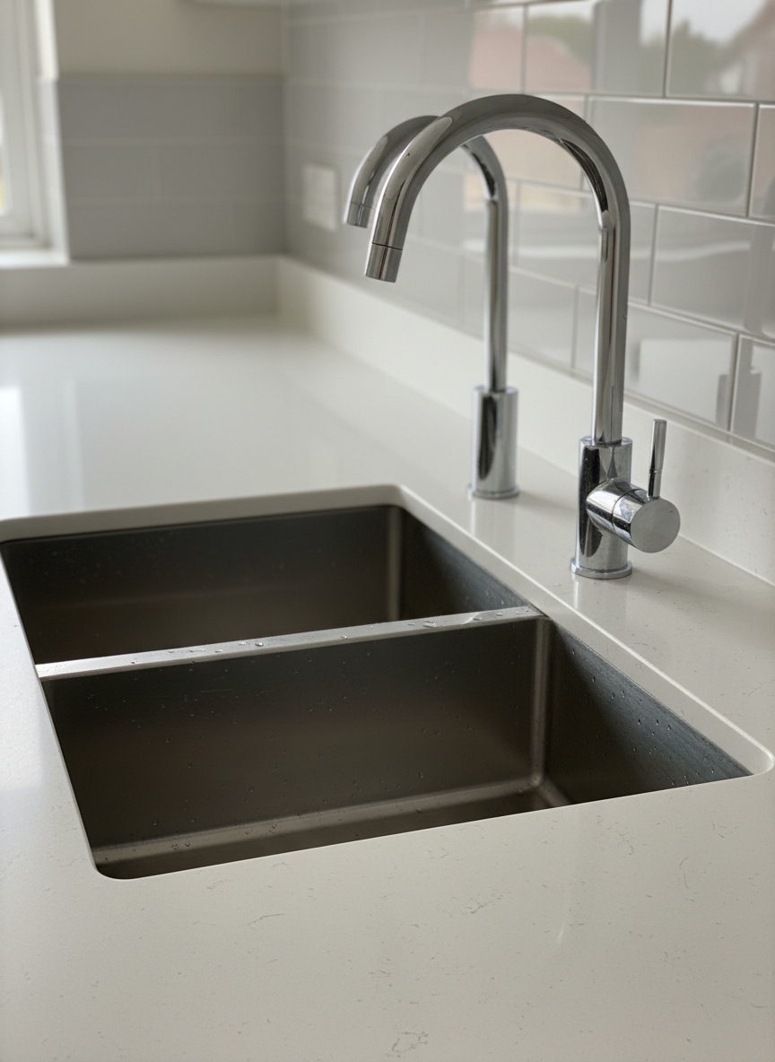 A gleaming stainless-steel kitchen sink with perfectly polished chrome taps, the basin completely empty and flawlessly clean, droplets of water beading on the metal surface. White quartz worktops extend on either side, spotless and reflecting a subtle sheen. In the background, a modern tiled splashback in light grey appears softly blurred, emphasizing hygiene and order. Natural daylight pours in from an unseen window to the left, creating gentle reflections and crisp, soft shadows. Photographic realism, eye-level composition with a slight angle toward the sink, sharp focus on the metal textures, shallow depth of field on the background. The mood is professional, fresh, and ultra-clean, ideal for a high-end Nottingham cleaning service homepage hero image.