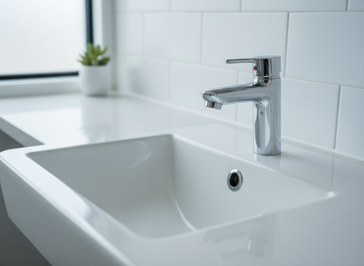 A close-up of a spotless bathroom featuring a gleaming white ceramic sink and chrome mixer tap, completely free of limescale, watermarks, or residue. The surrounding countertop is a smooth, light stone surface with a subtle sheen, while the tiled wall behind shows precise grout lines, bright and immaculately clean. Soft, cool daylight from a nearby frosted window spreads evenly across the surfaces, creating tiny highlights on the metal and gentle, crisp shadows under the tap. Photographic realism, shot from a slightly elevated, three-quarter angle with sharp focus on the sink and tap and a gently blurred background. The mood is fresh, hygienic, and clinically clean, ideal for highlighting deep bathroom cleaning services.