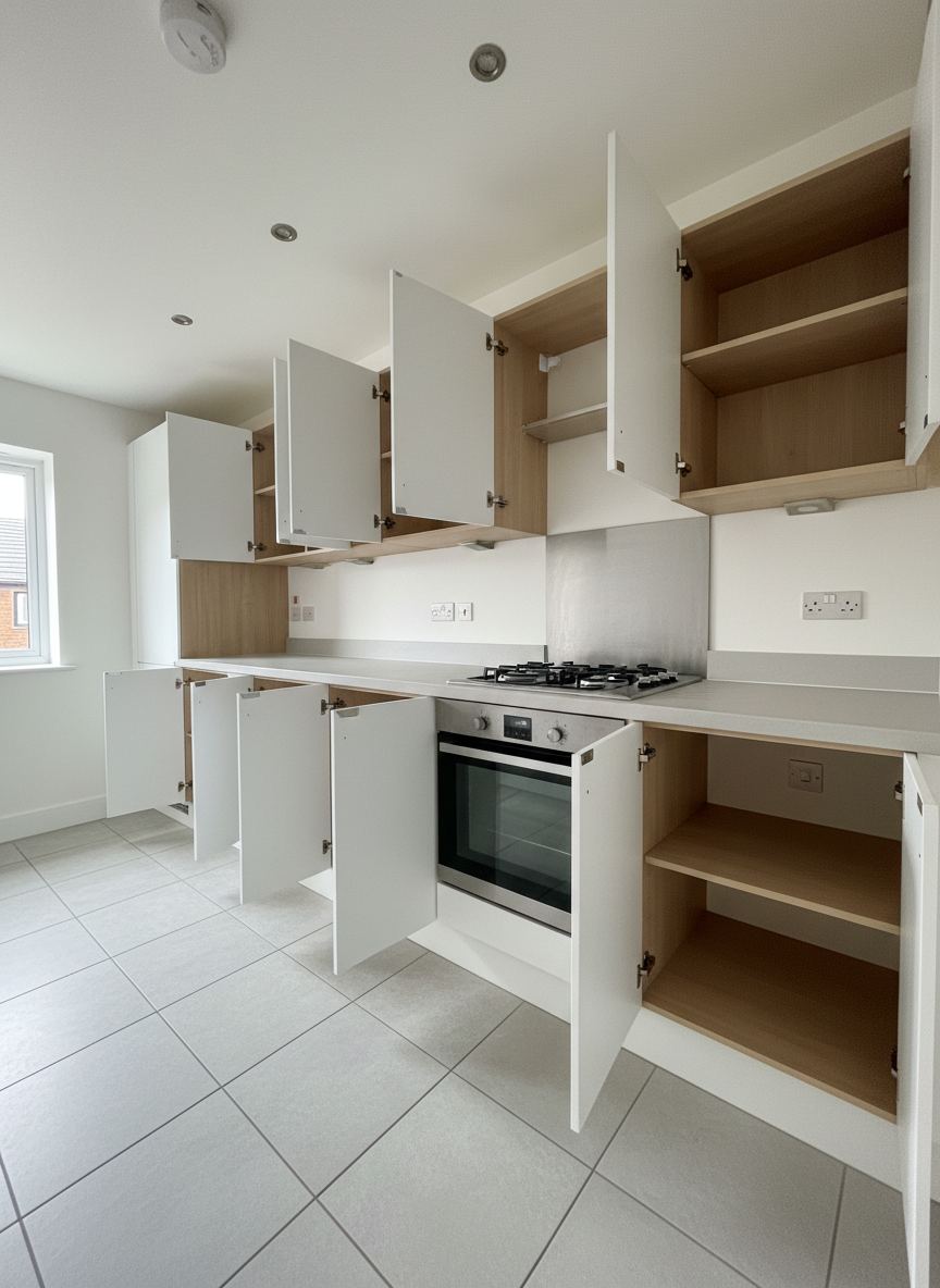 A pristine end-of-tenancy kitchen in a Nottingham apartment, with empty, open white cabinets showing spotless shelves, a perfectly clean built-in oven with a streak-free glass door, and a stainless-steel hob free of any marks. The worktops are completely clear, with a uniform matte finish and no clutter. Photographic realism, shot from an eye-level, wide-angle perspective that takes in the full run of units along one wall. Bright, neutral overhead lighting combines with soft daylight from a small window, ensuring even illumination and visible cleanliness in every corner. The atmosphere is crisp, fresh, and move-in ready, capturing the thoroughness of professional tenancy cleaning services.
