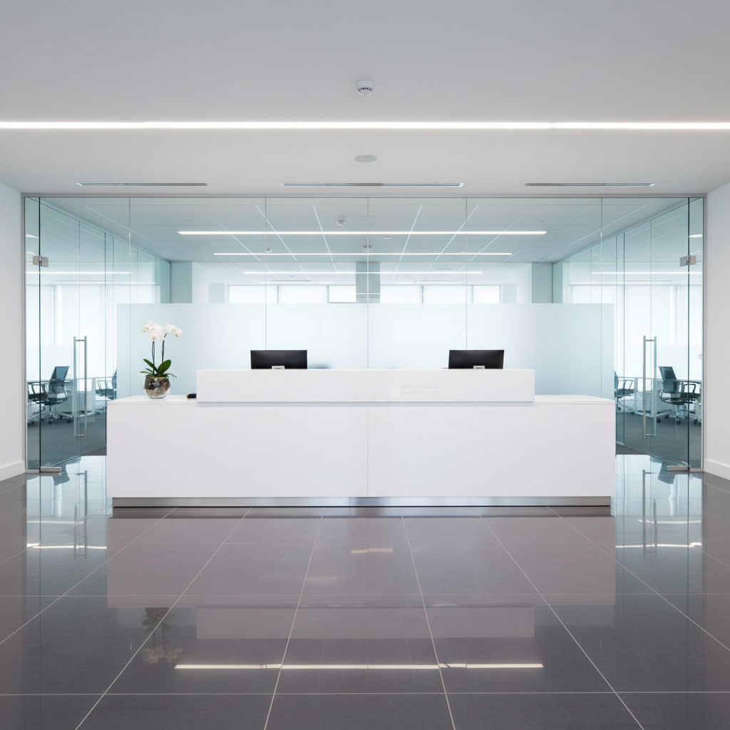 A sparkling commercial office reception area in Nottingham, featuring a sleek white reception desk with a glossy finish, clutter-free and perfectly organized. The floor is a spotless, polished dark-grey tile with subtle reflections of the walls and furniture. Glass partition walls in the background are completely free of smudges or fingerprints, catching soft overhead LED lighting. Photographic realism, captured at eye level with a wide-angle lens that takes in the open, airy space. The lighting is cool and even, creating a professional, efficient atmosphere with clean lines and sharp focus throughout the scene. The mood is modern, trustworthy, and business-ready, ideal for showcasing commercial cleaning services.