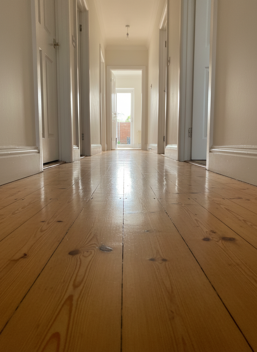 A polished hallway floor in a traditional Nottingham terraced house, featuring glossy, honey-toned wooden floorboards that reflect light in soft streaks. A simple white skirting board runs along the edge, perfectly dust-free, and the door frames are spotless. Photographic realism, captured from a low, straight-on perspective down the length of the hallway, emphasizing depth and the continuity of the shine. Late-afternoon natural light filters in from an open doorway at the far end, creating gentle gradients of brightness and subtle, elongated shadows along the floorboards. The mood is warm, welcoming, and quietly impressive, conveying the care and thoroughness of a professional domestic clean in a local home.